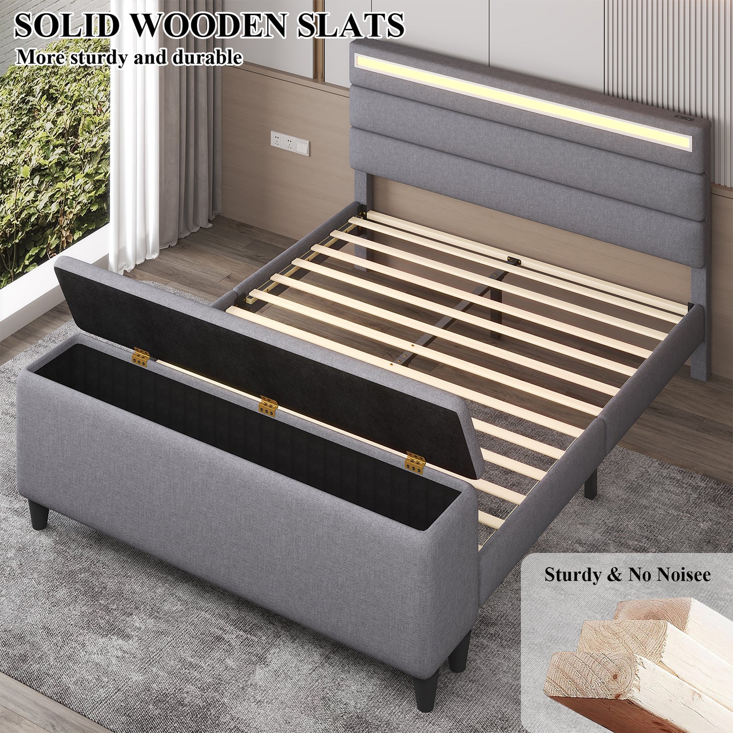 E-motie Upholstered LED Bed Frame with Storage Ottoman and Charging Ports