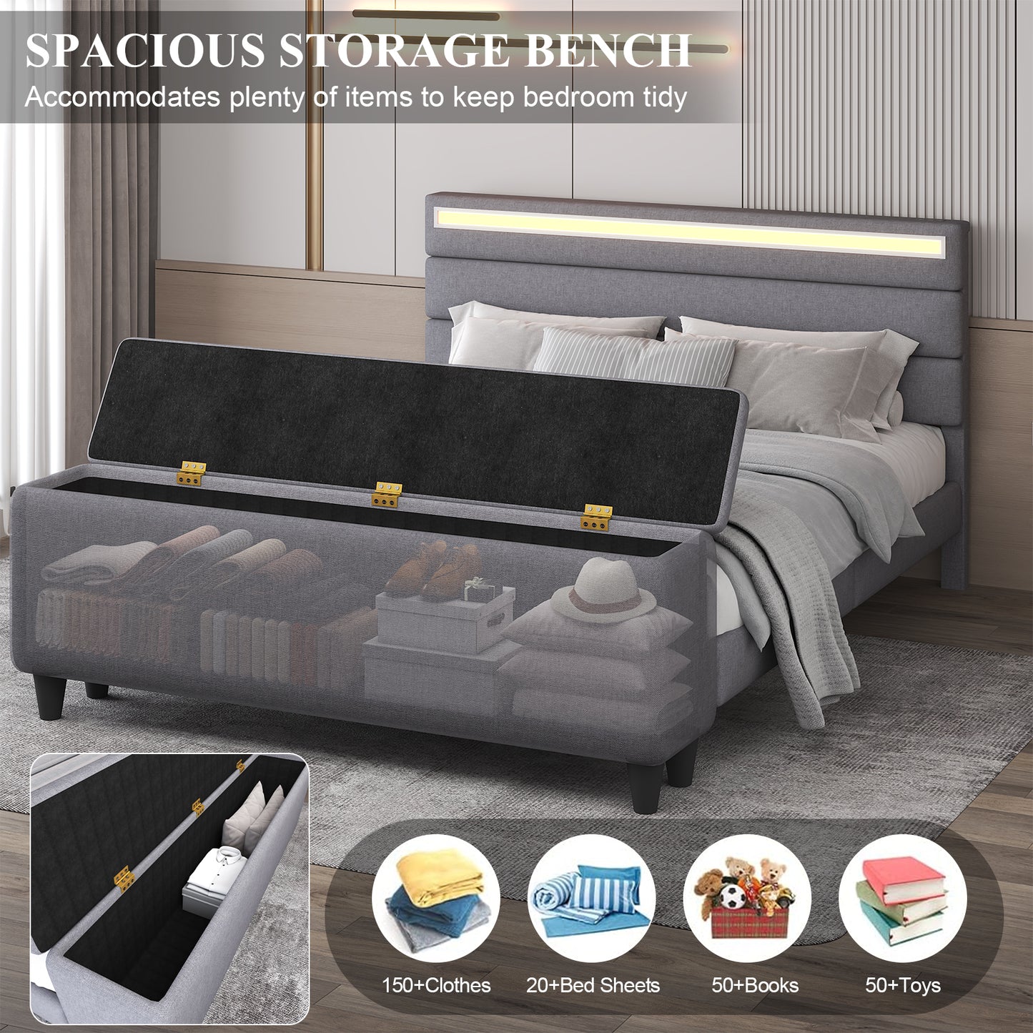 E-motie Upholstered LED Bed Frame with Storage Ottoman and Charging Ports