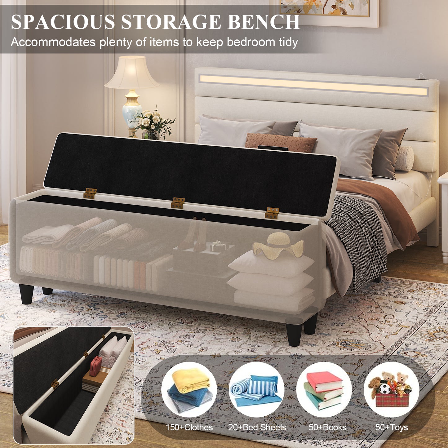 E-motie Upholstered LED Bed Frame with Storage Ottoman and Charging Ports
