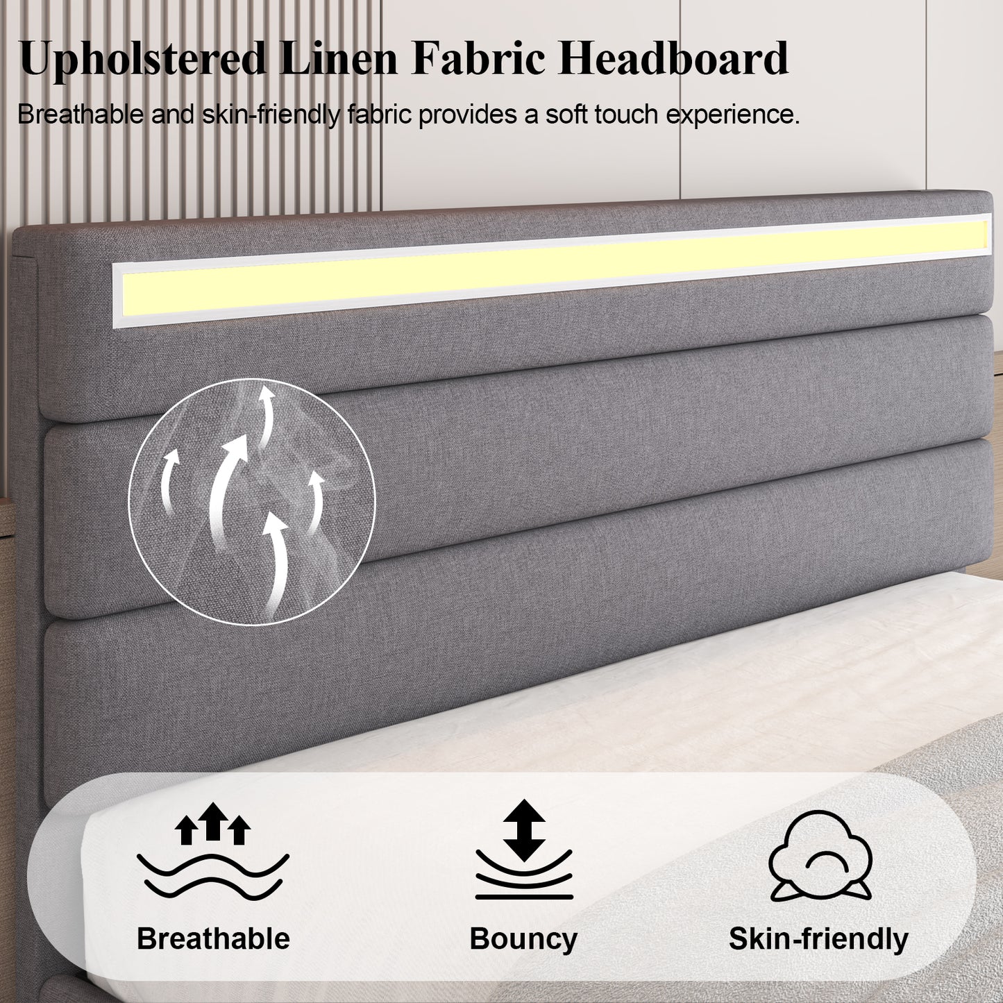 E-motie Upholstered LED Bed Frame with Storage Ottoman and Charging Ports