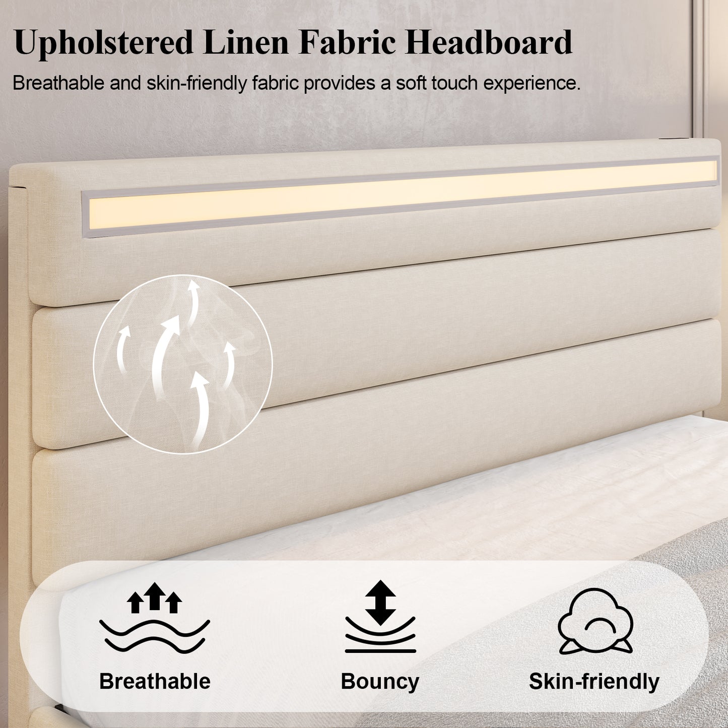 E-motie Upholstered LED Bed Frame with Storage Ottoman and Charging Ports