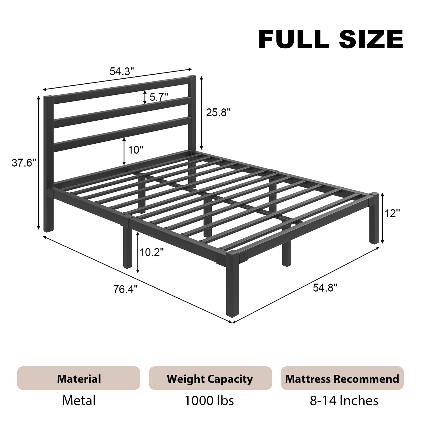 E-motie Metal Platform Bed Frame with Headboard, Under-Bed Storage