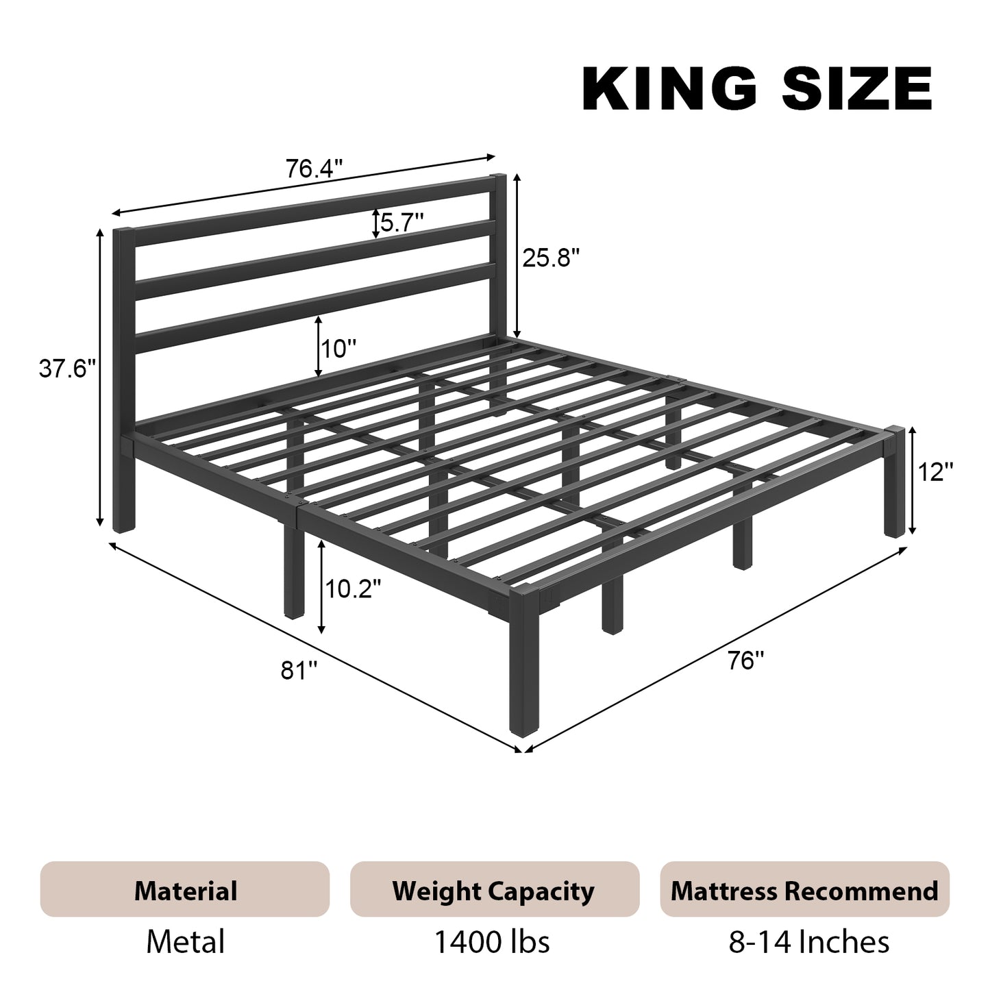 E-motie Metal Platform Bed Frame with Headboard, Under-Bed Storage