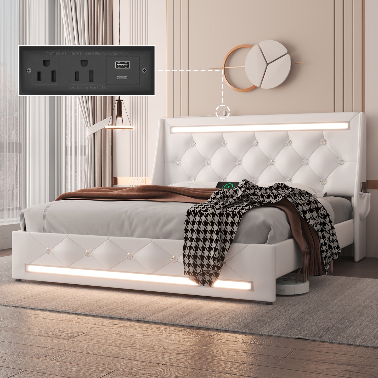 E-motie Upholstered LED Bed Frame, Wingback Crystal Button Tufted, LED&Charging Station