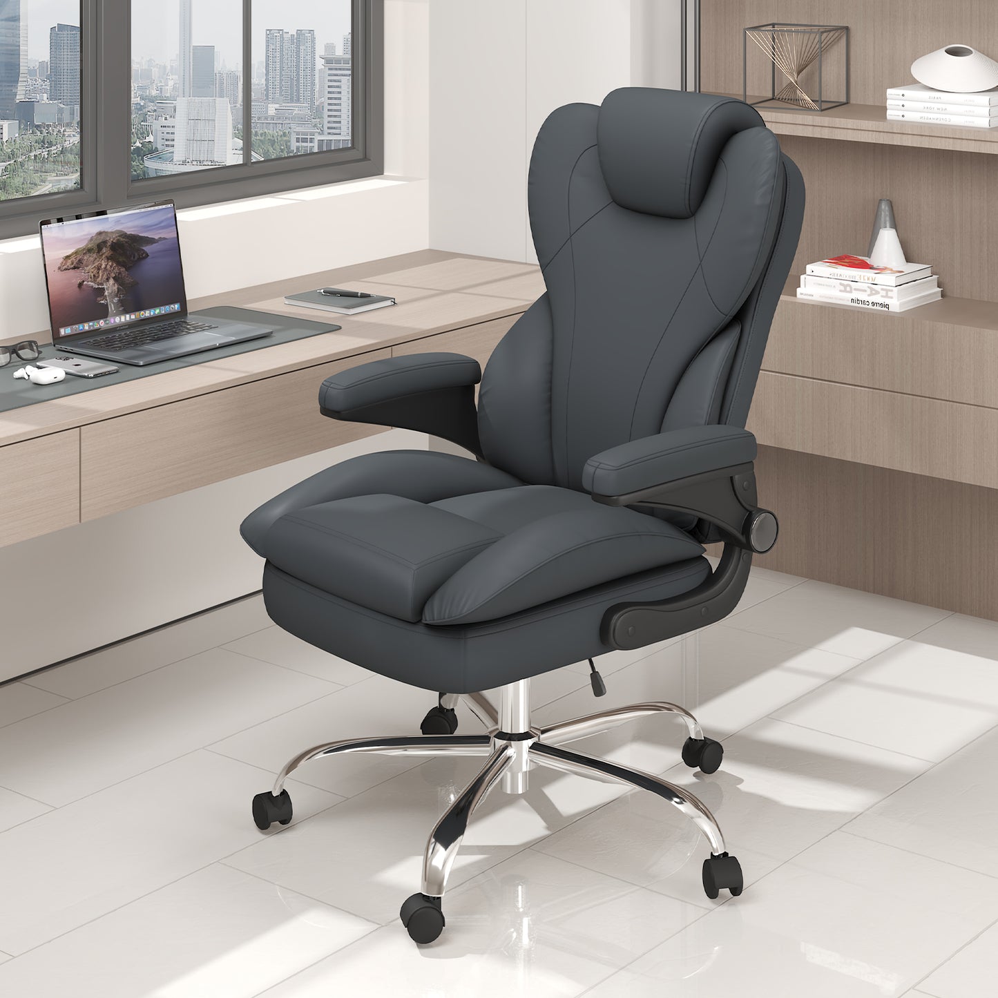 Ergonomic Leather Office Chair with High Grade Nylon Wheel, High Back Computer Chair, Adjustable Seat Height, 360°Rotation, Smooth and Noiseless