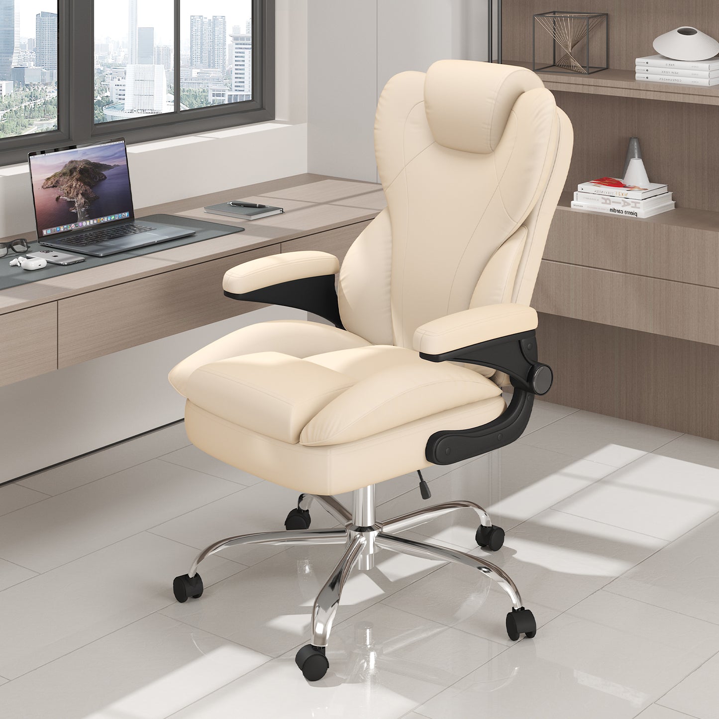 Ergonomic Leather Office Chair with High Grade Nylon Wheel, High Back Computer Chair, Adjustable Seat Height, 360°Rotation, Smooth and Noiseless
