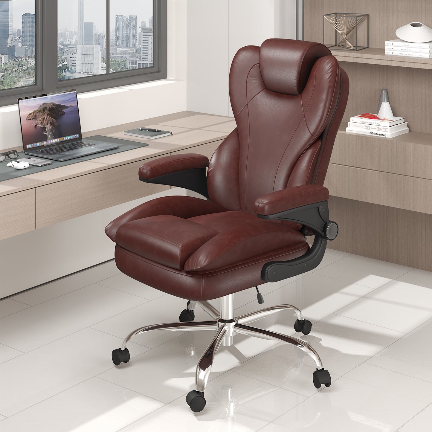 Ergonomic Leather Office Chair with High Grade Nylon Wheel, High Back Computer Chair, Adjustable Seat Height, 360°Rotation, Smooth and Noiseless