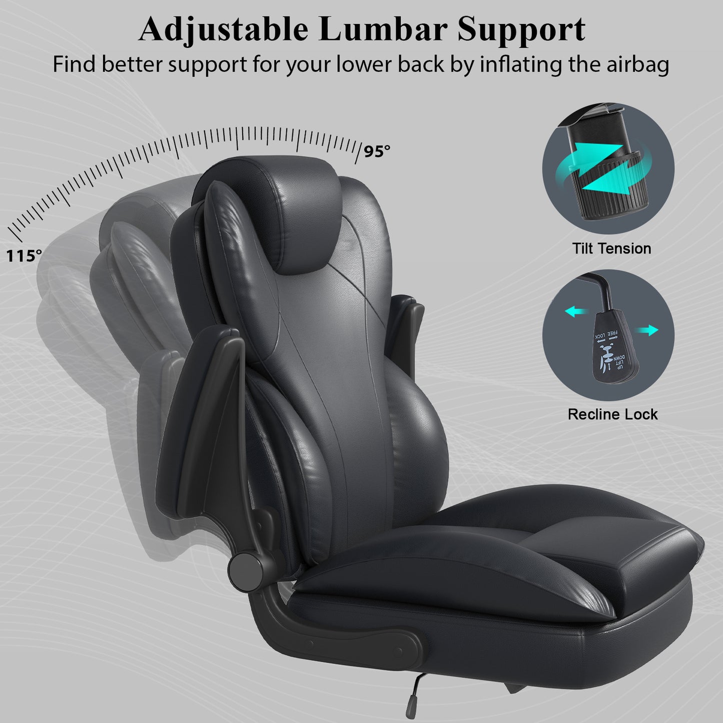 Ergonomic Leather Office Chair with High Grade Nylon Wheel, High Back Computer Chair, Adjustable Seat Height, 360°Rotation, Smooth and Noiseless