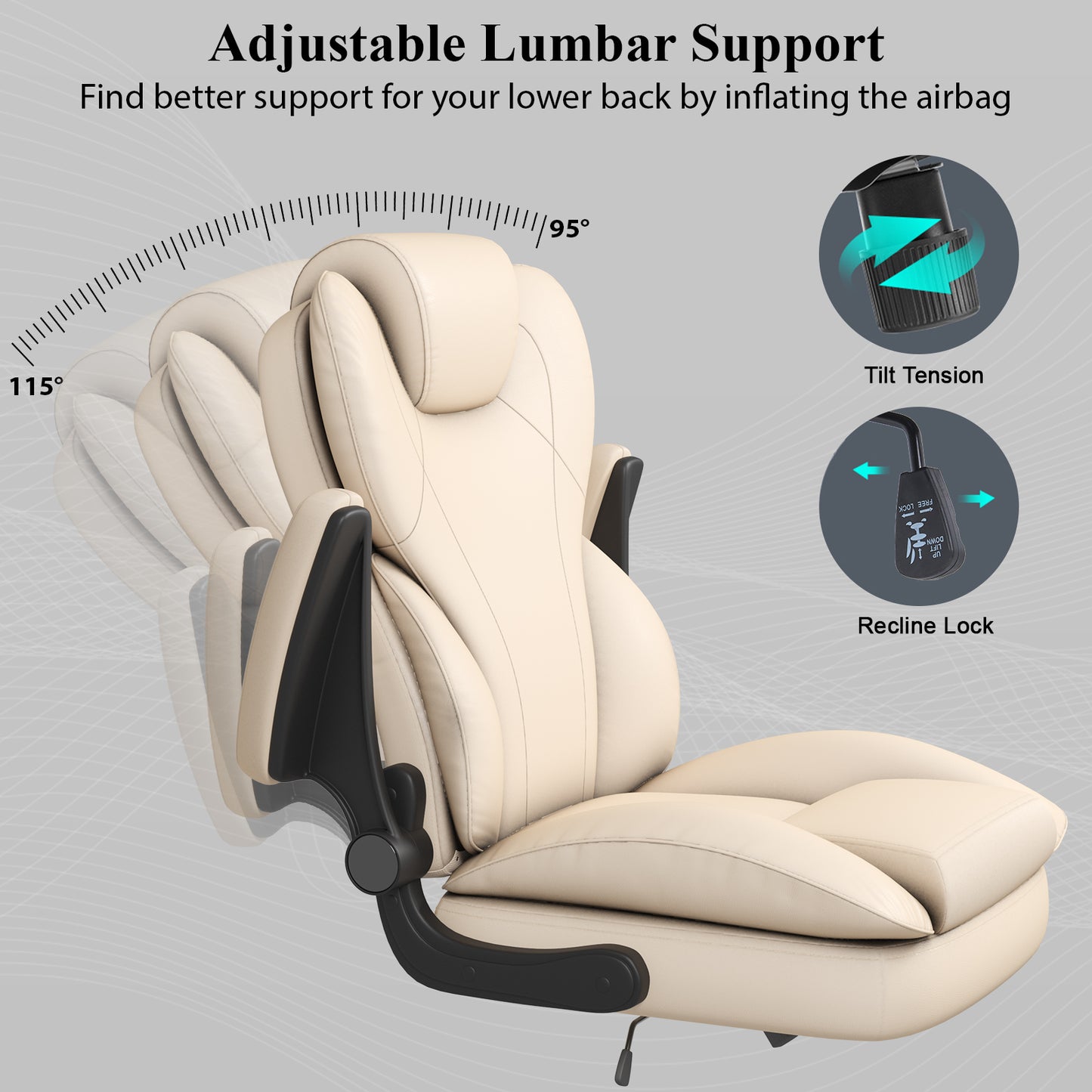 Ergonomic Leather Office Chair with High Grade Nylon Wheel, High Back Computer Chair, Adjustable Seat Height, 360°Rotation, Smooth and Noiseless