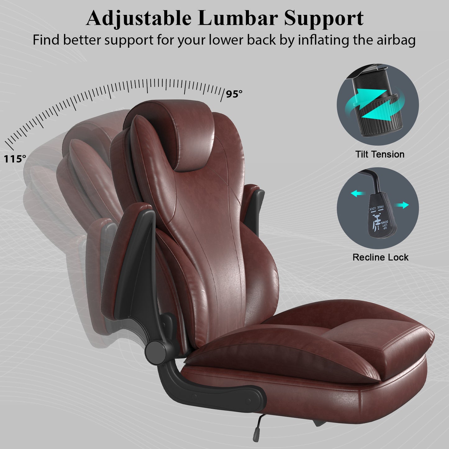 Ergonomic Leather Office Chair with High Grade Nylon Wheel, High Back Computer Chair, Adjustable Seat Height, 360°Rotation, Smooth and Noiseless