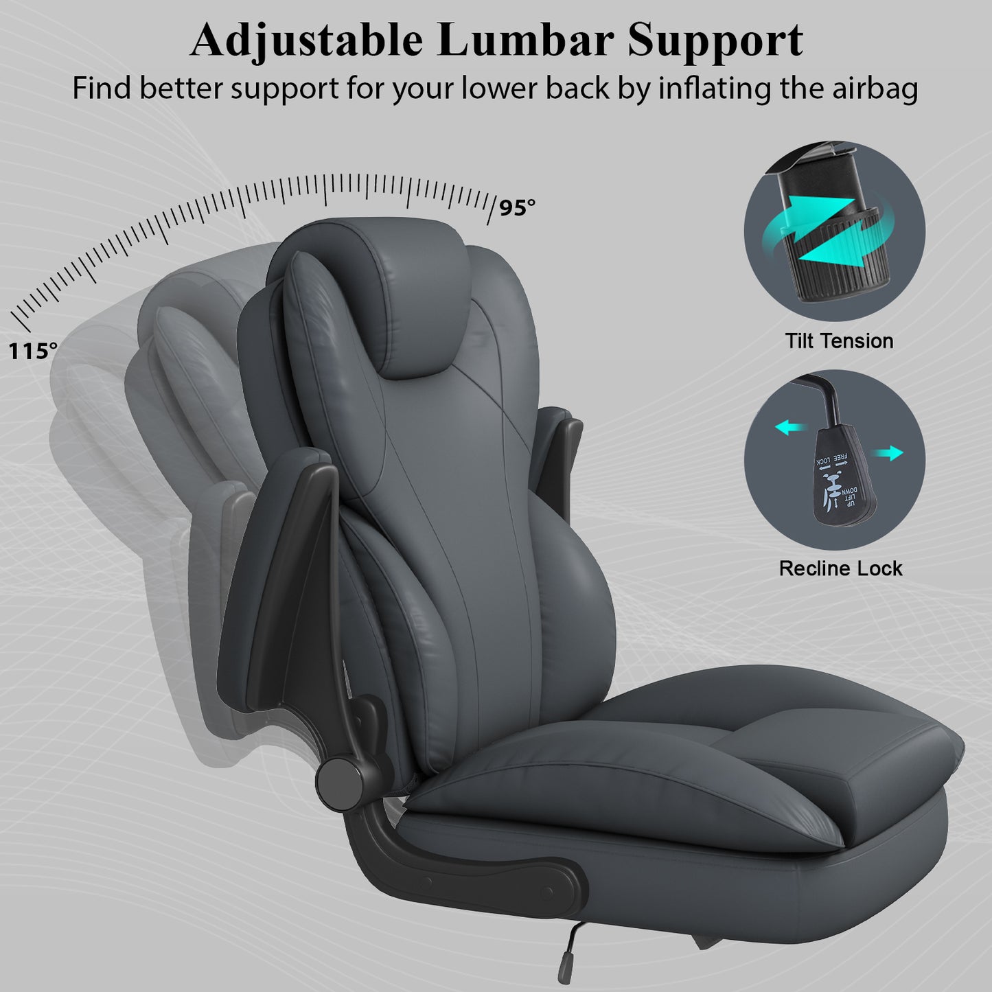 Ergonomic Leather Office Chair with High Grade Nylon Wheel, High Back Computer Chair, Adjustable Seat Height, 360°Rotation, Smooth and Noiseless