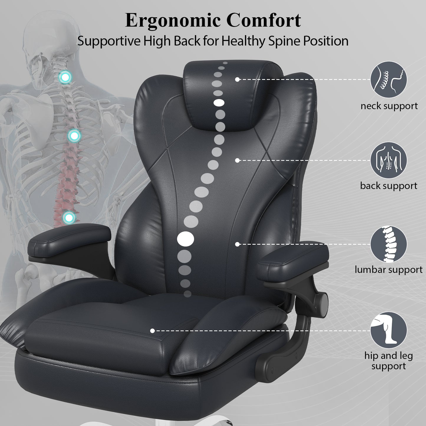 Ergonomic Leather Office Chair with High Grade Nylon Wheel, High Back Computer Chair, Adjustable Seat Height, 360°Rotation, Smooth and Noiseless