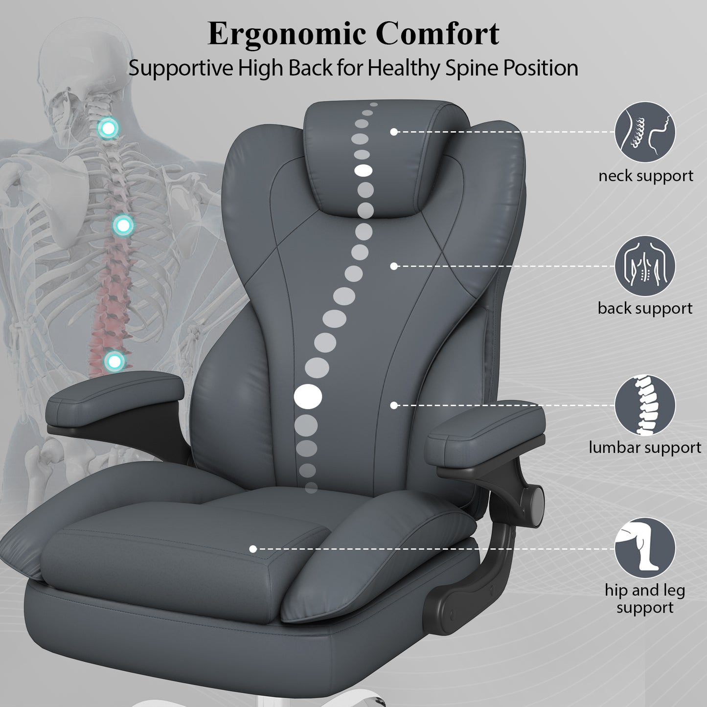 Ergonomic Leather Office Chair with High Grade Nylon Wheel, High Back Computer Chair, Adjustable Seat Height, 360°Rotation, Smooth and Noiseless
