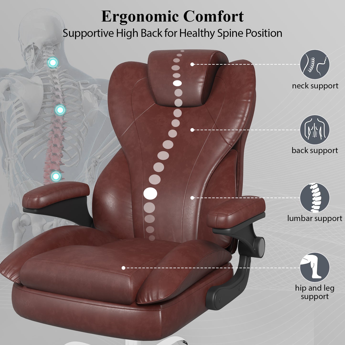 Ergonomic Leather Office Chair with High Grade Nylon Wheel, High Back Computer Chair, Adjustable Seat Height, 360°Rotation, Smooth and Noiseless