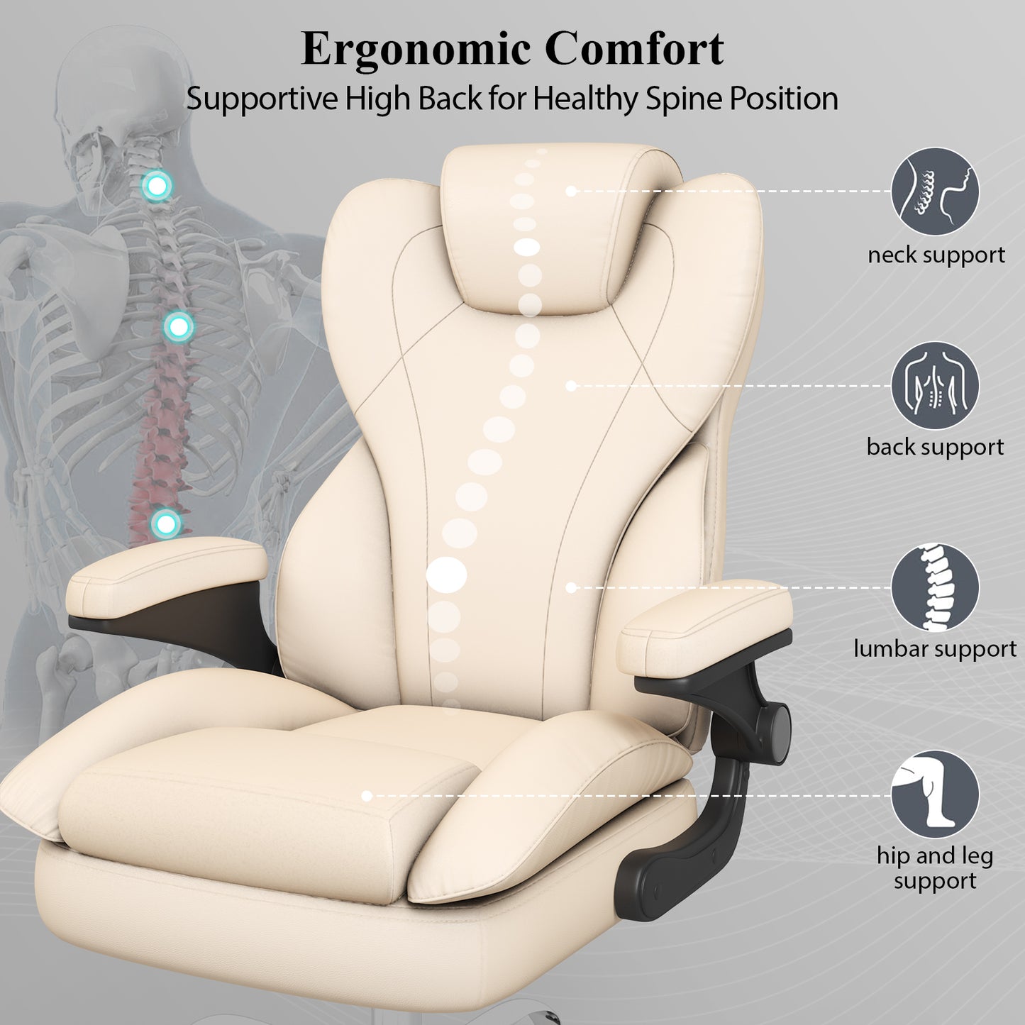Ergonomic Leather Office Chair with High Grade Nylon Wheel, High Back Computer Chair, Adjustable Seat Height, 360°Rotation, Smooth and Noiseless