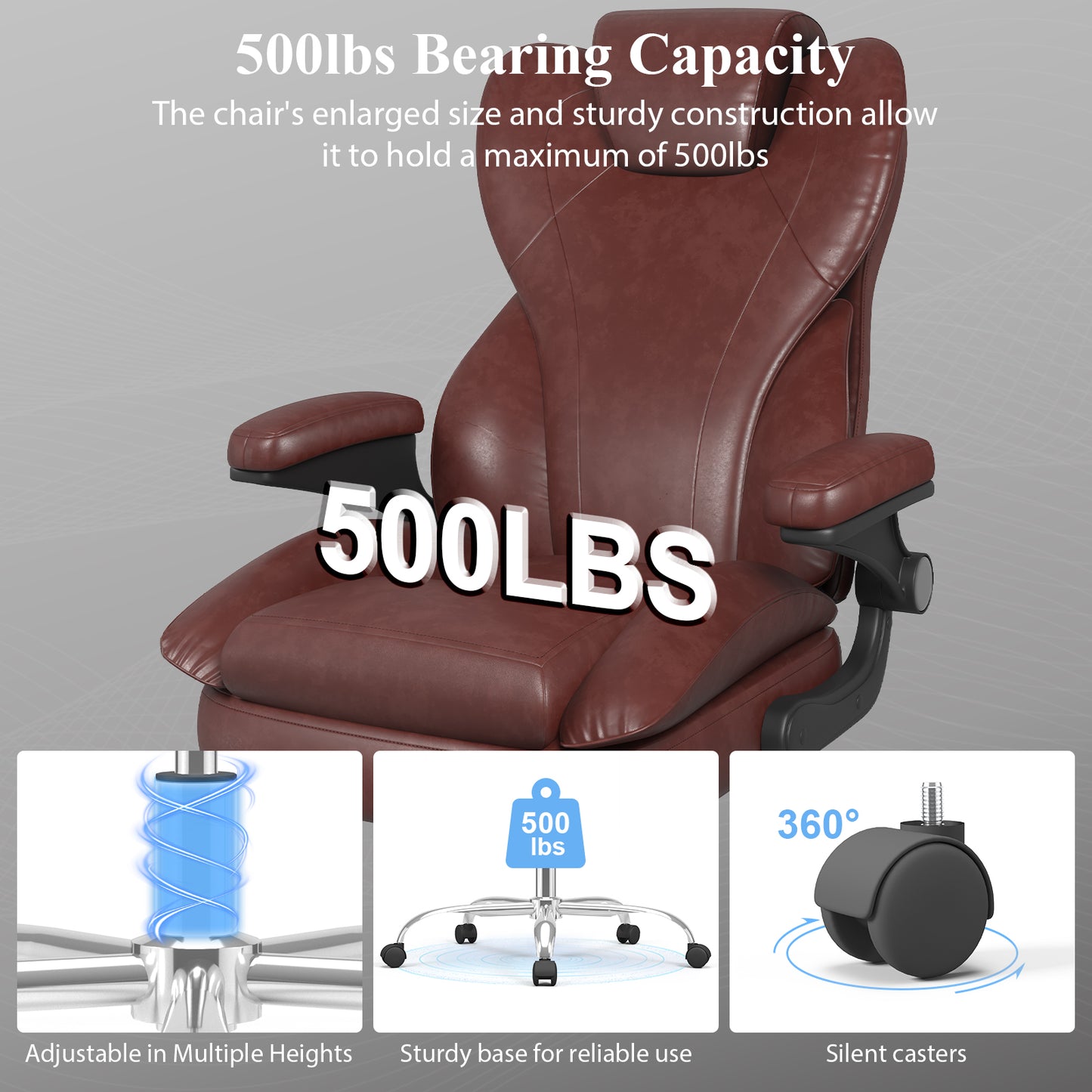 Ergonomic Leather Office Chair with High Grade Nylon Wheel, High Back Computer Chair, Adjustable Seat Height, 360°Rotation, Smooth and Noiseless
