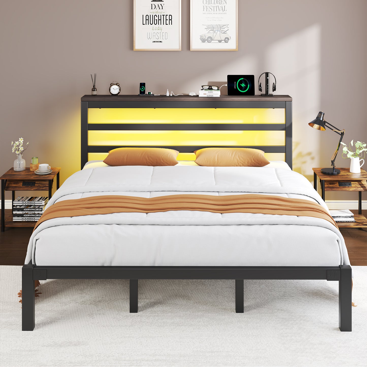E-motie Metal Platform Bed Frame with Headboard, Under-Bed Storage