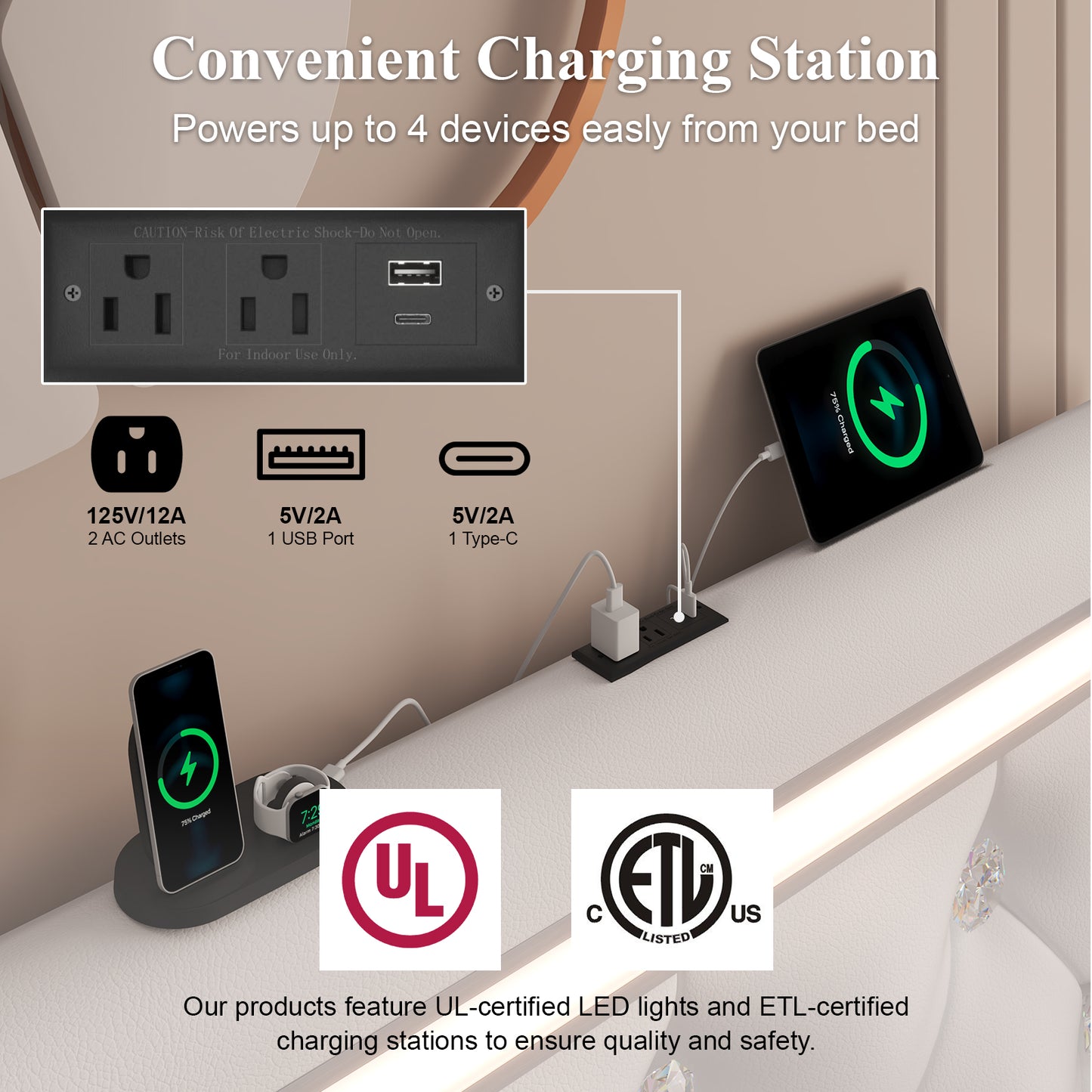 E-motie Upholstered LED Bed Frame, Wingback Crystal Button Tufted, LED&Charging Station