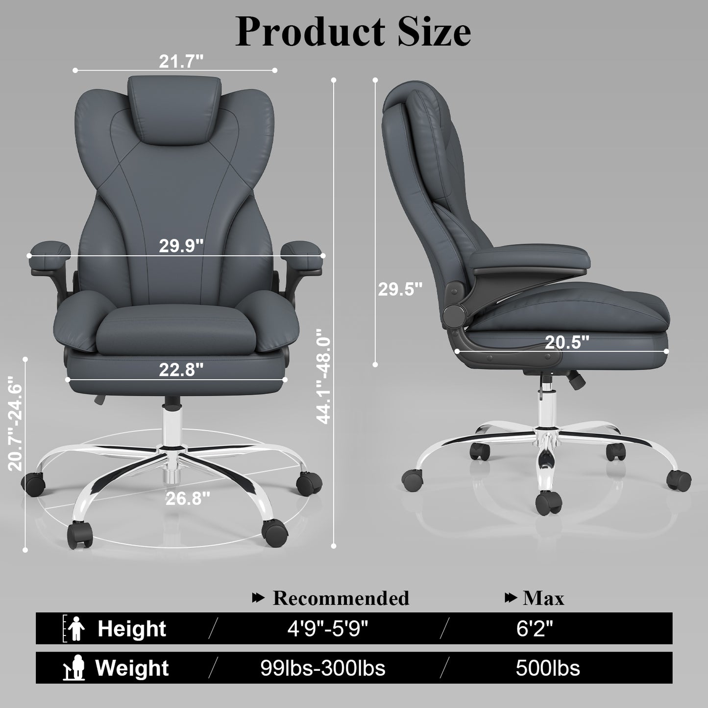 Ergonomic Leather Office Chair with High Grade Nylon Wheel, High Back Computer Chair, Adjustable Seat Height, 360°Rotation, Smooth and Noiseless