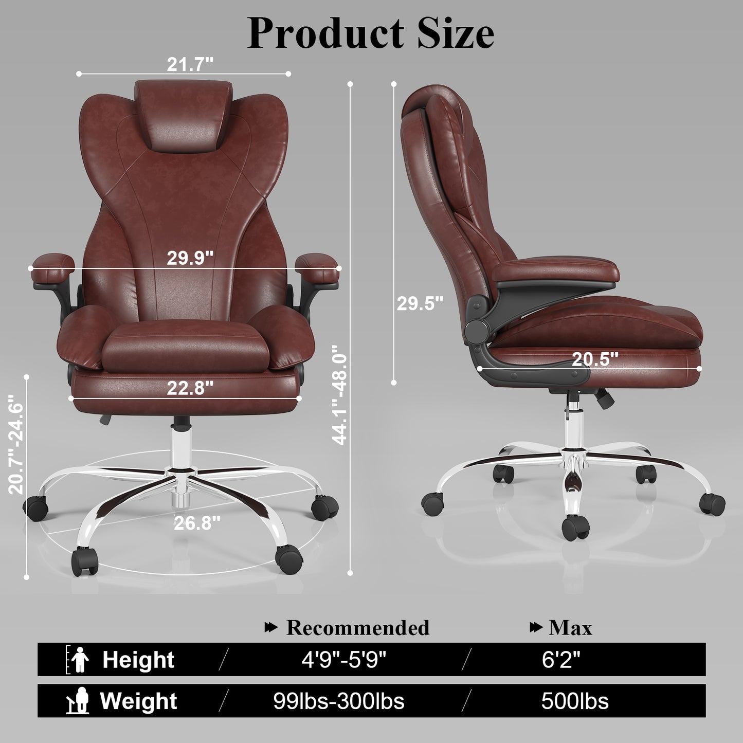 Ergonomic Leather Office Chair with High Grade Nylon Wheel, High Back Computer Chair, Adjustable Seat Height, 360°Rotation, Smooth and Noiseless