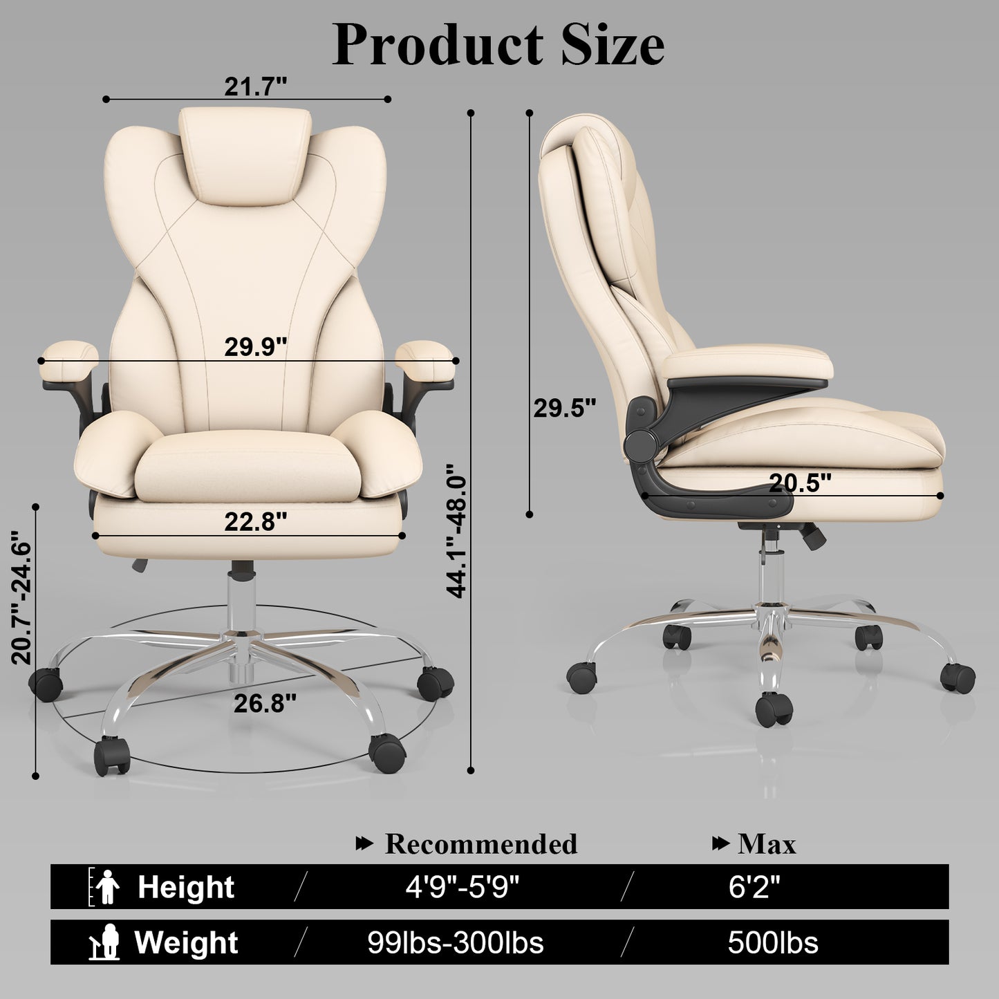Ergonomic Leather Office Chair with High Grade Nylon Wheel, High Back Computer Chair, Adjustable Seat Height, 360°Rotation, Smooth and Noiseless