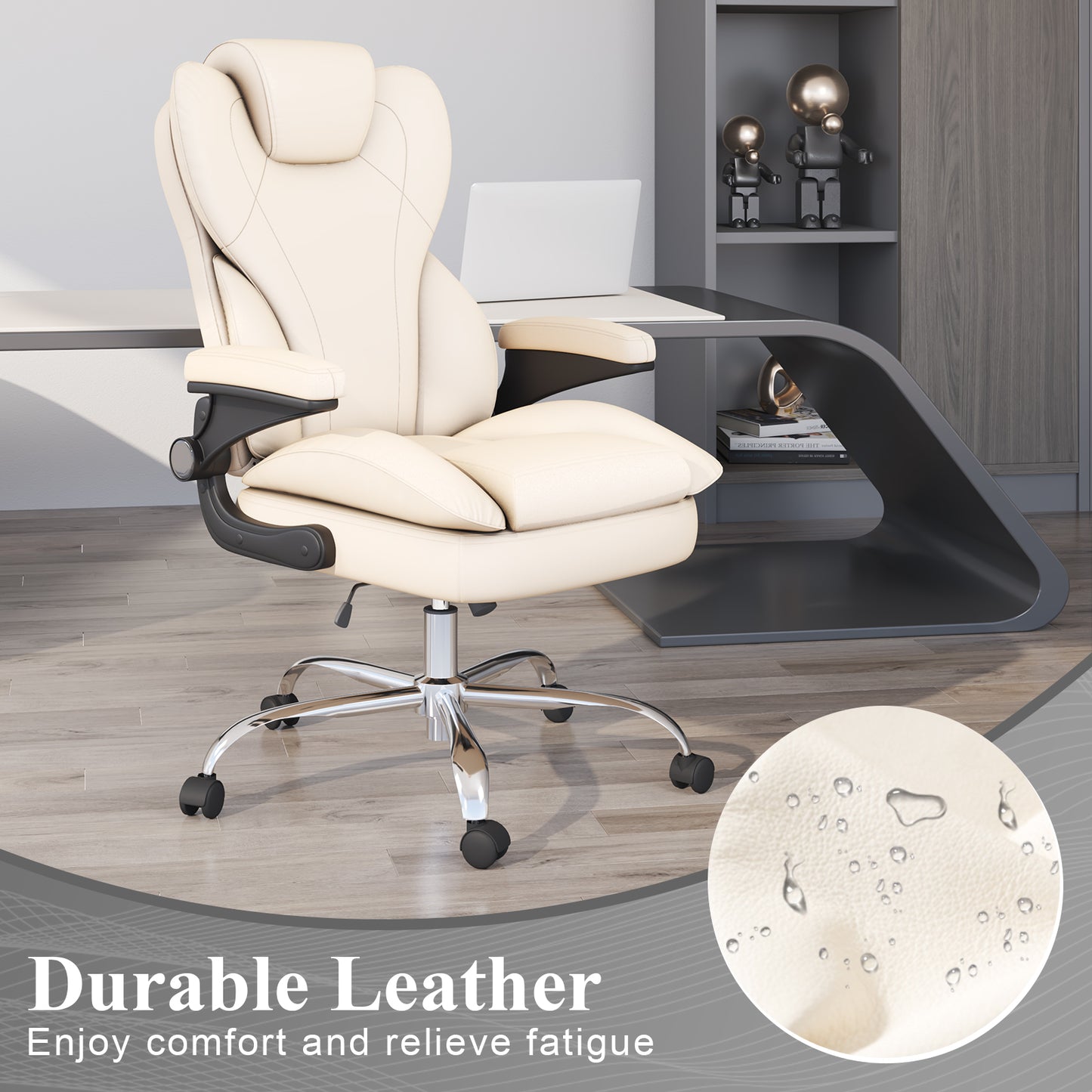 Ergonomic Leather Office Chair with High Grade Nylon Wheel, High Back Computer Chair, Adjustable Seat Height, 360°Rotation, Smooth and Noiseless