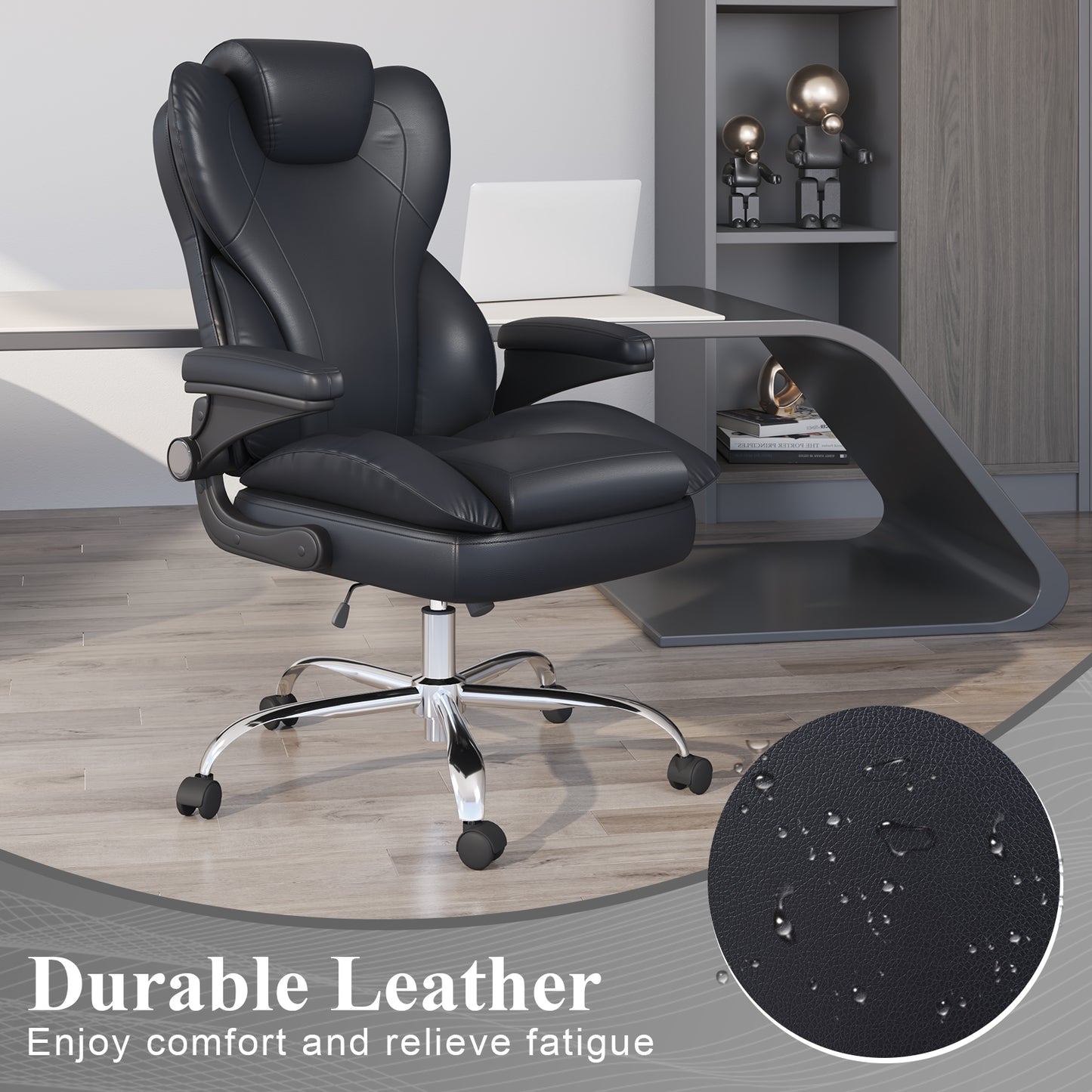 Ergonomic Leather Office Chair with High Grade Nylon Wheel, High Back Computer Chair, Adjustable Seat Height, 360°Rotation, Smooth and Noiseless
