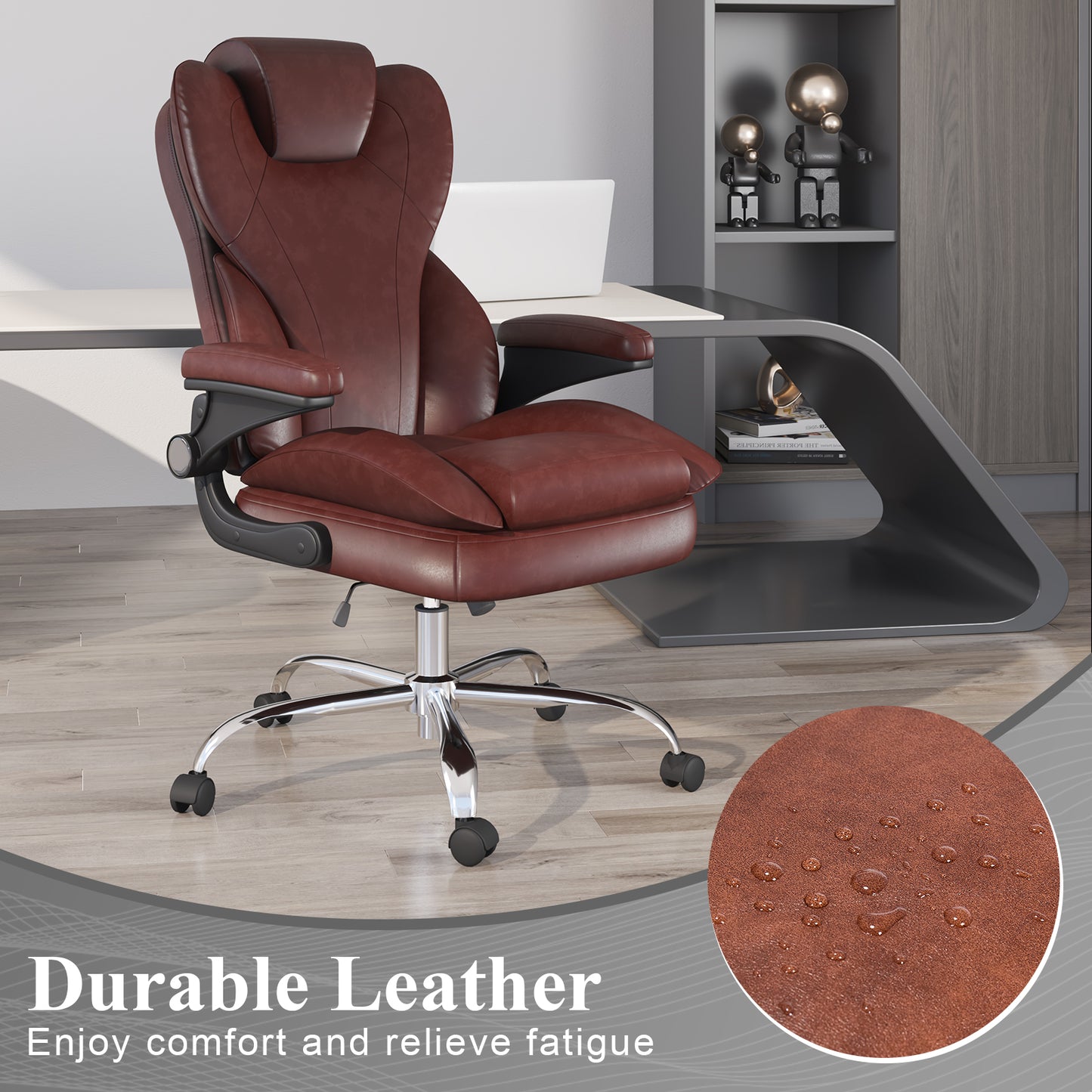 Ergonomic Leather Office Chair with High Grade Nylon Wheel, High Back Computer Chair, Adjustable Seat Height, 360°Rotation, Smooth and Noiseless