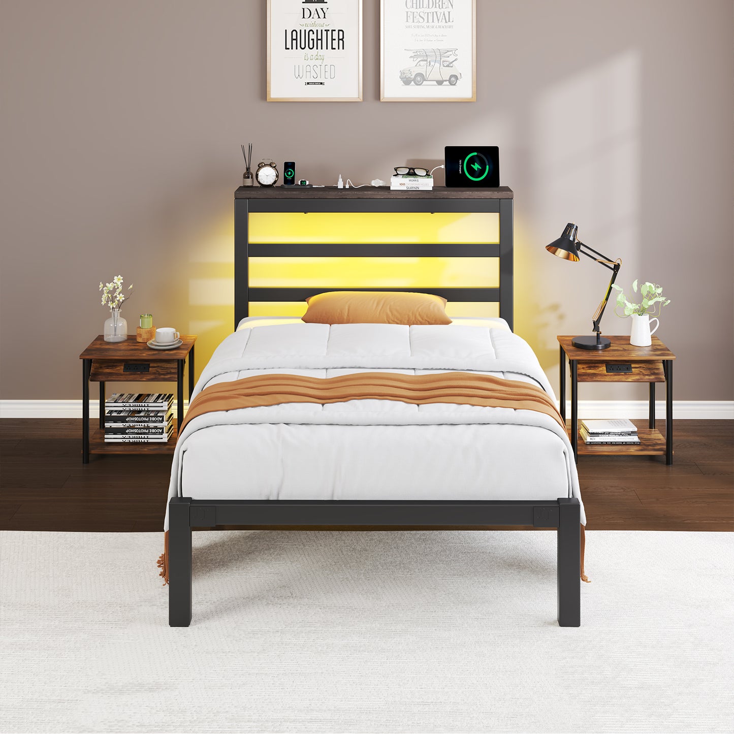 E-motie Metal Platform Bed Frame with Headboard, Under-Bed Storage