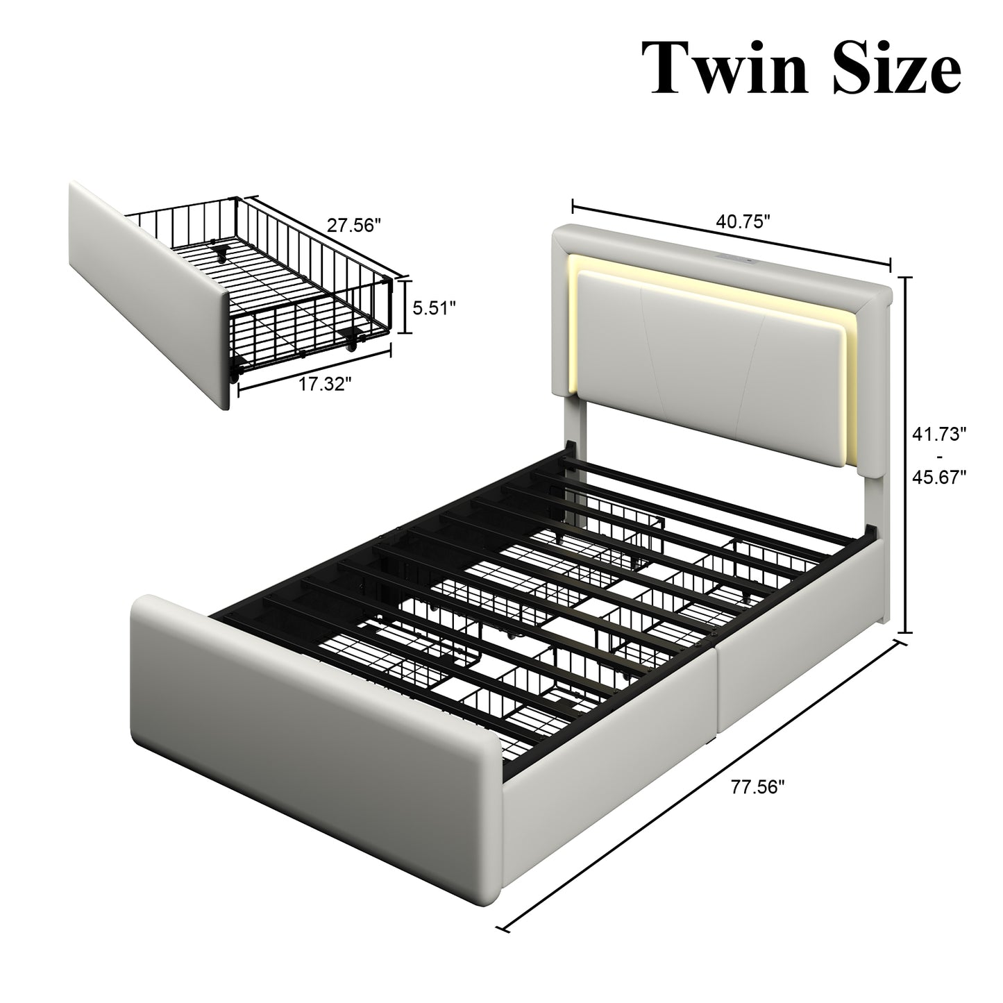 Upholstered Bed Frame with Adjustable Headboard, Upholstered Platform LED Lights Bed Frame with Charging Station