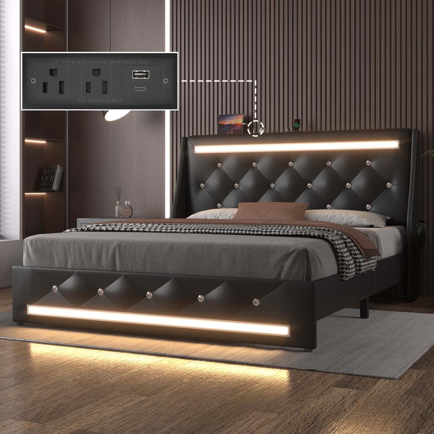 E-motie Upholstered LED Bed Frame, Wingback Crystal Button Tufted, LED&Charging Station