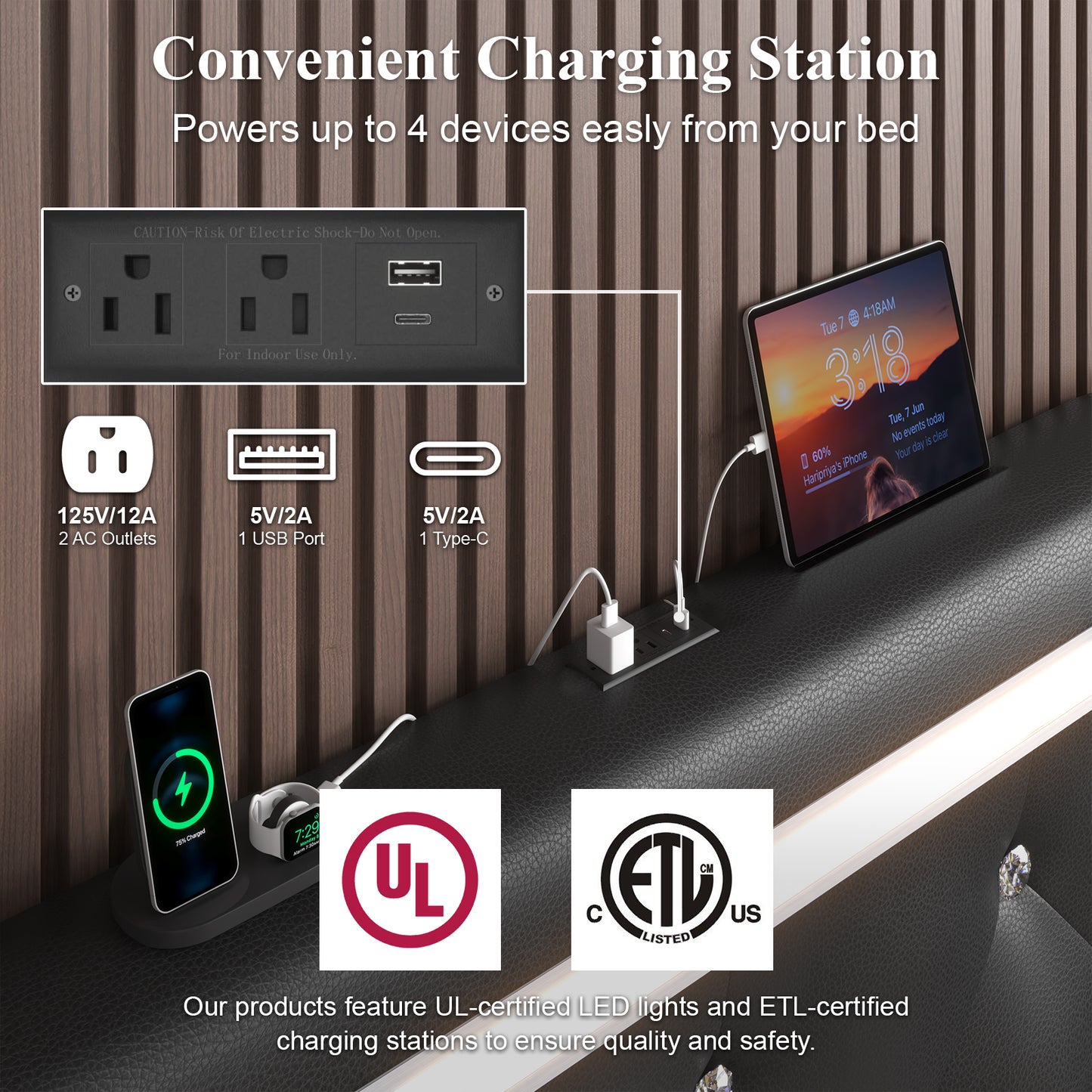 E-motie Upholstered LED Bed Frame, Wingback Crystal Button Tufted, LED&Charging Station