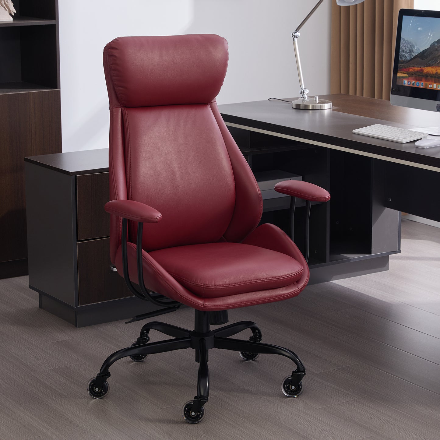 E-Motie Home Office Desk Chair, Ergonomic Computer Chair with Lumbar Support and Head Support, High Back Office Chair with Armrests, Adjustable Height, Rubber Casters, PU Leather