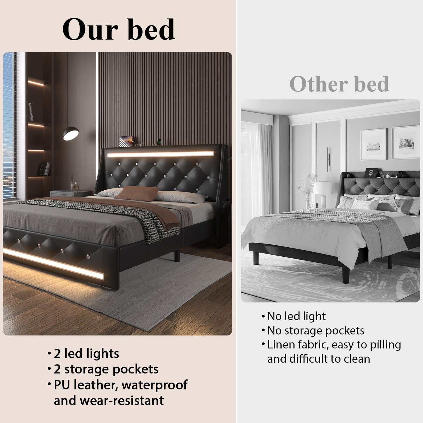 E-motie Upholstered LED Bed Frame, Wingback Crystal Button Tufted, LED&Charging Station
