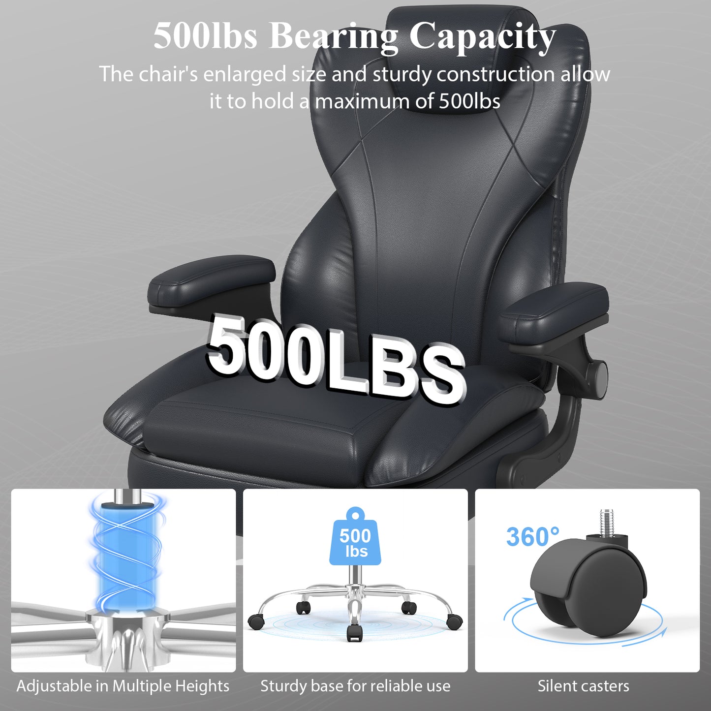 Ergonomic Leather Office Chair with High Grade Nylon Wheel, High Back Computer Chair, Adjustable Seat Height, 360°Rotation, Smooth and Noiseless