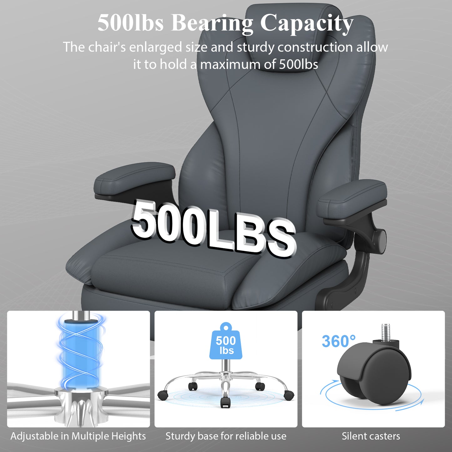 Ergonomic Leather Office Chair with High Grade Nylon Wheel, High Back Computer Chair, Adjustable Seat Height, 360°Rotation, Smooth and Noiseless
