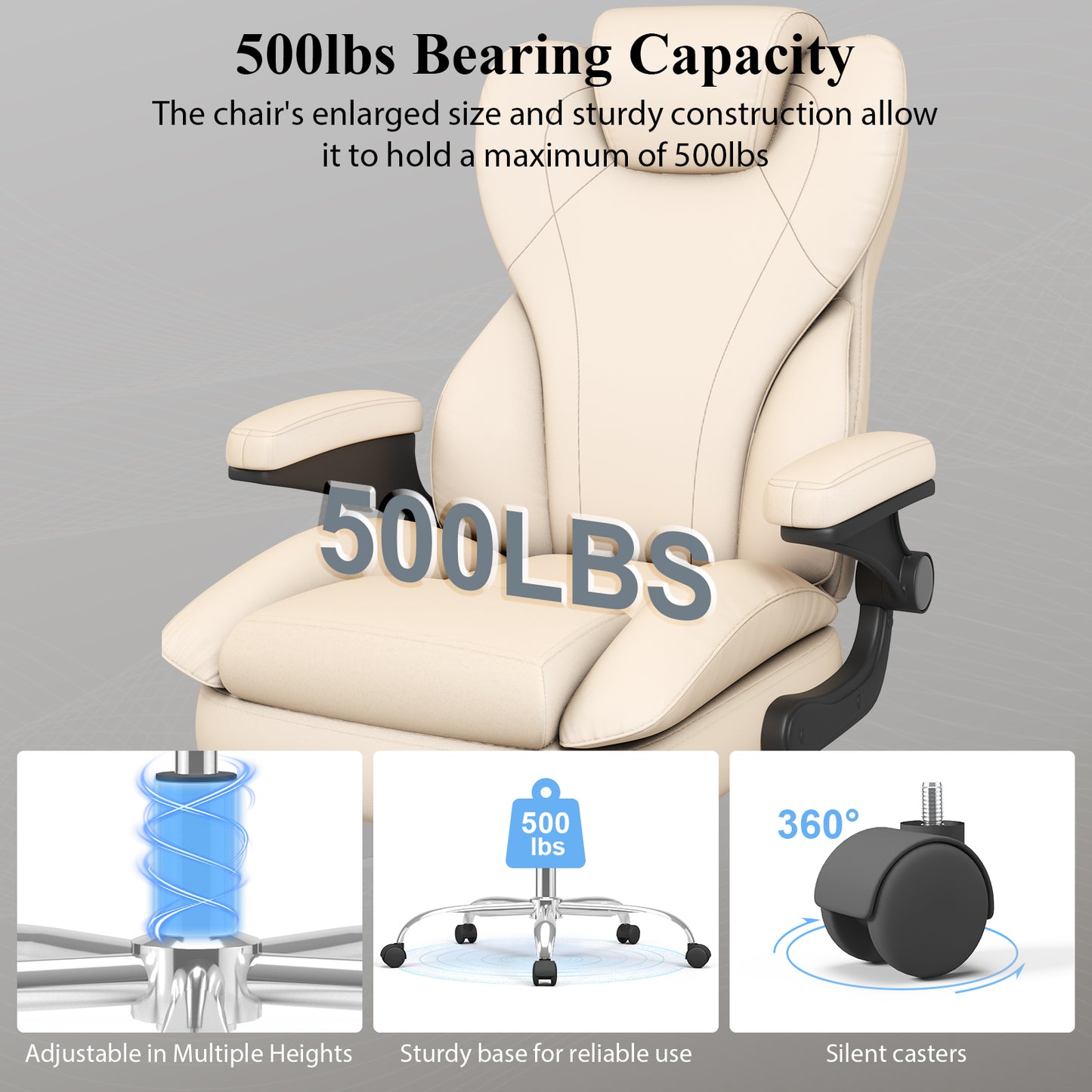 Ergonomic Leather Office Chair with High Grade Nylon Wheel, High Back Computer Chair, Adjustable Seat Height, 360°Rotation, Smooth and Noiseless