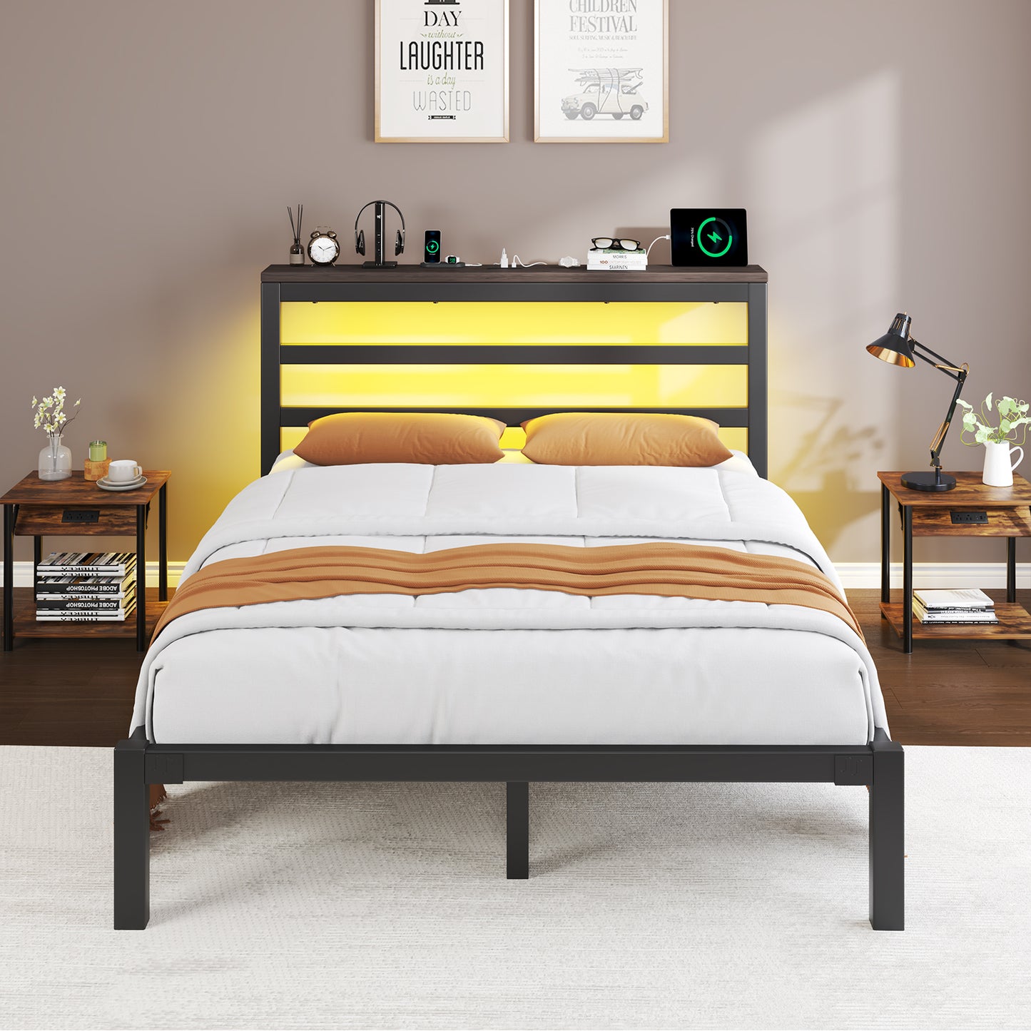 E-motie Metal Platform Bed Frame with Headboard, Under-Bed Storage