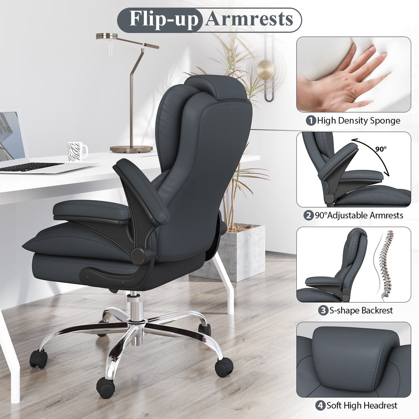 Ergonomic Leather Office Chair with High Grade Nylon Wheel, High Back Computer Chair, Adjustable Seat Height, 360°Rotation, Smooth and Noiseless