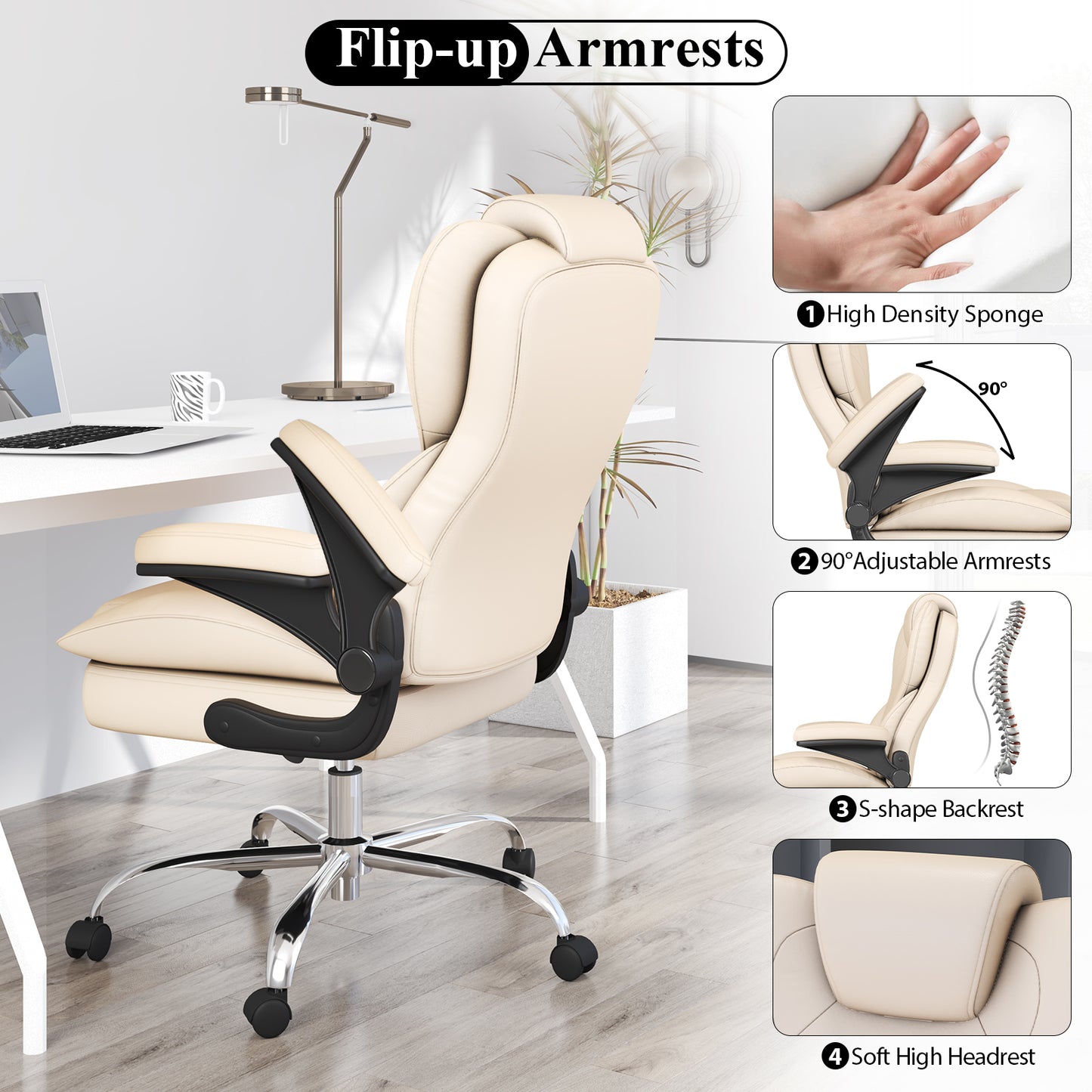 Ergonomic Leather Office Chair with High Grade Nylon Wheel, High Back Computer Chair, Adjustable Seat Height, 360°Rotation, Smooth and Noiseless