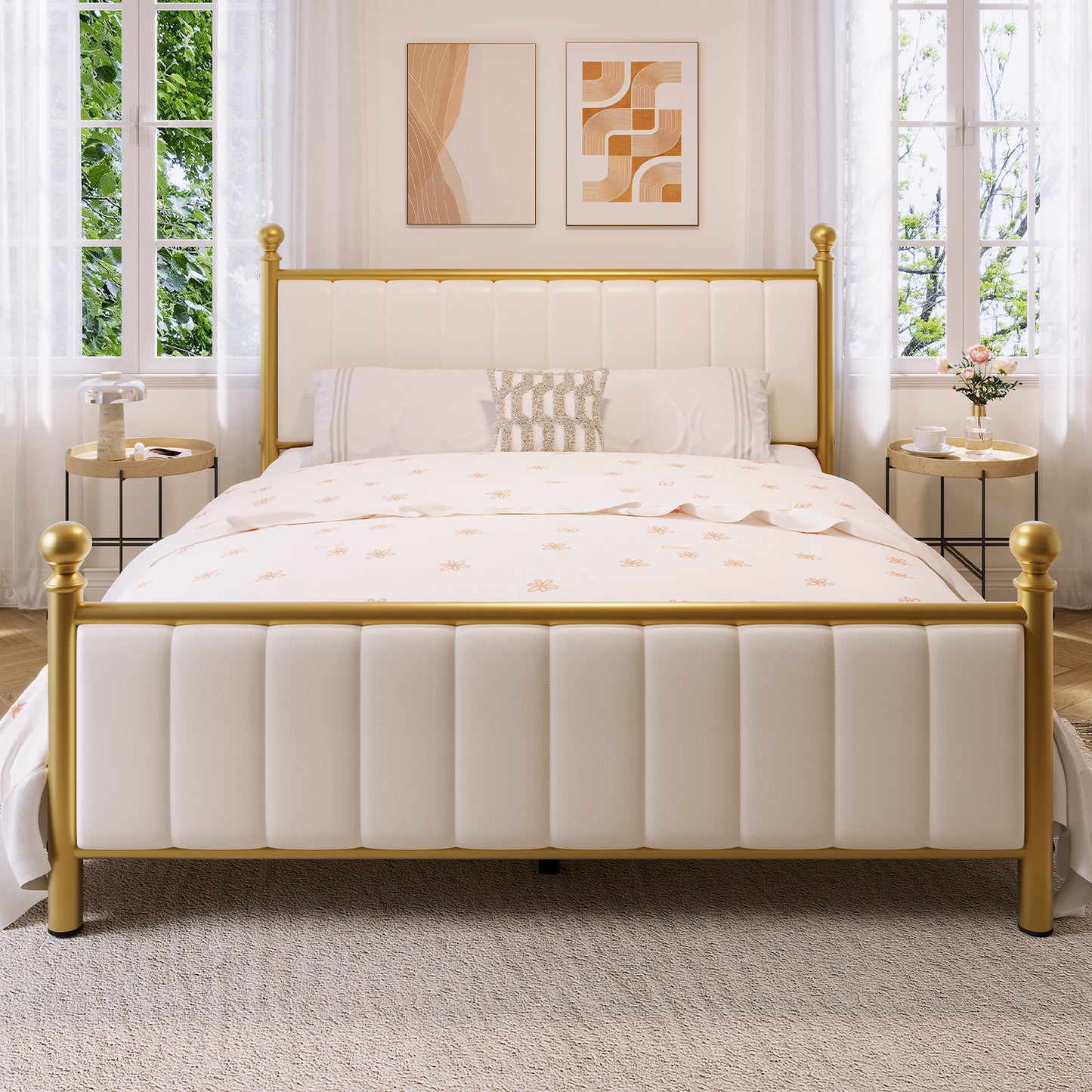 E-Motie Metal Platform Bed Frame with Upholstered Headboard, Easy Assembly, No Box Spring Needed