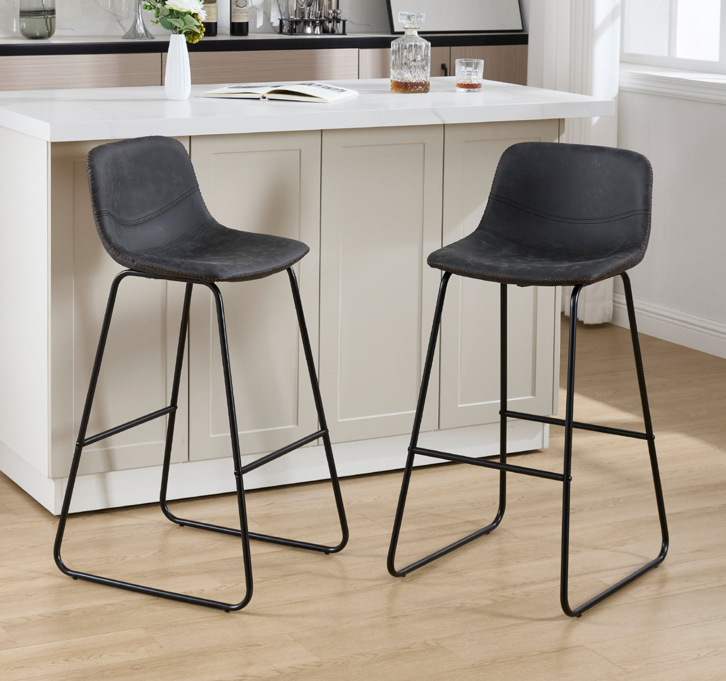 Bar Stools Set, 39.4" Counter Height Faux Leather Bar Stools with Ergonomic Backrest and Metal Footrest, for Dining Room,Kitchen, Counter Bar