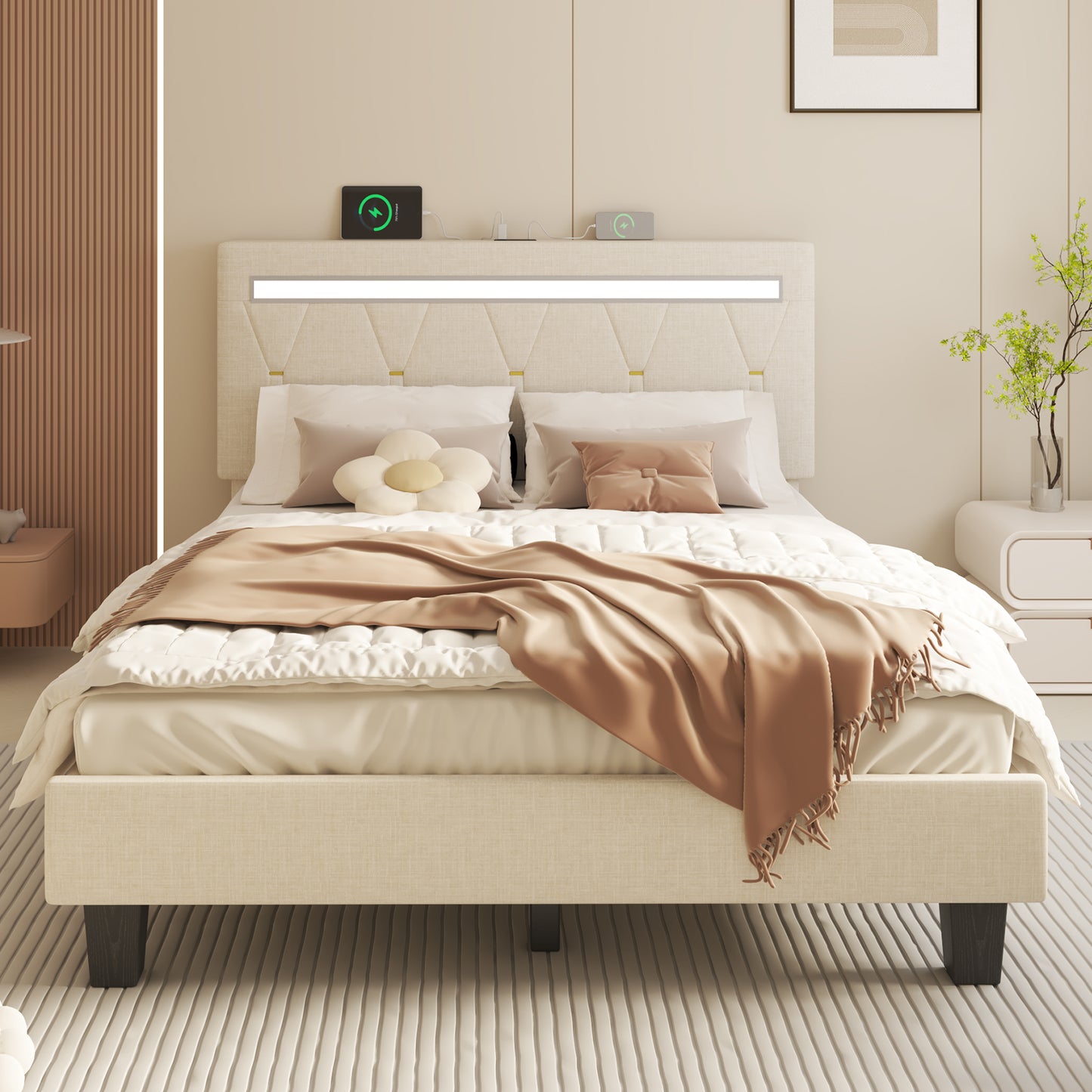 E-motie LED Bed with Charging Station, Platform Bed Frame with Upholstered Button Headboard