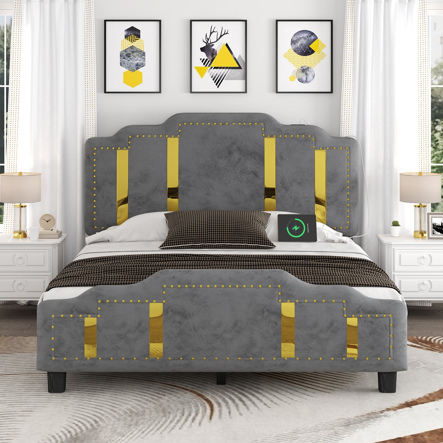 Velvet Upholstered Bed frame, Golden Metal Riveted and Sequined Headboard