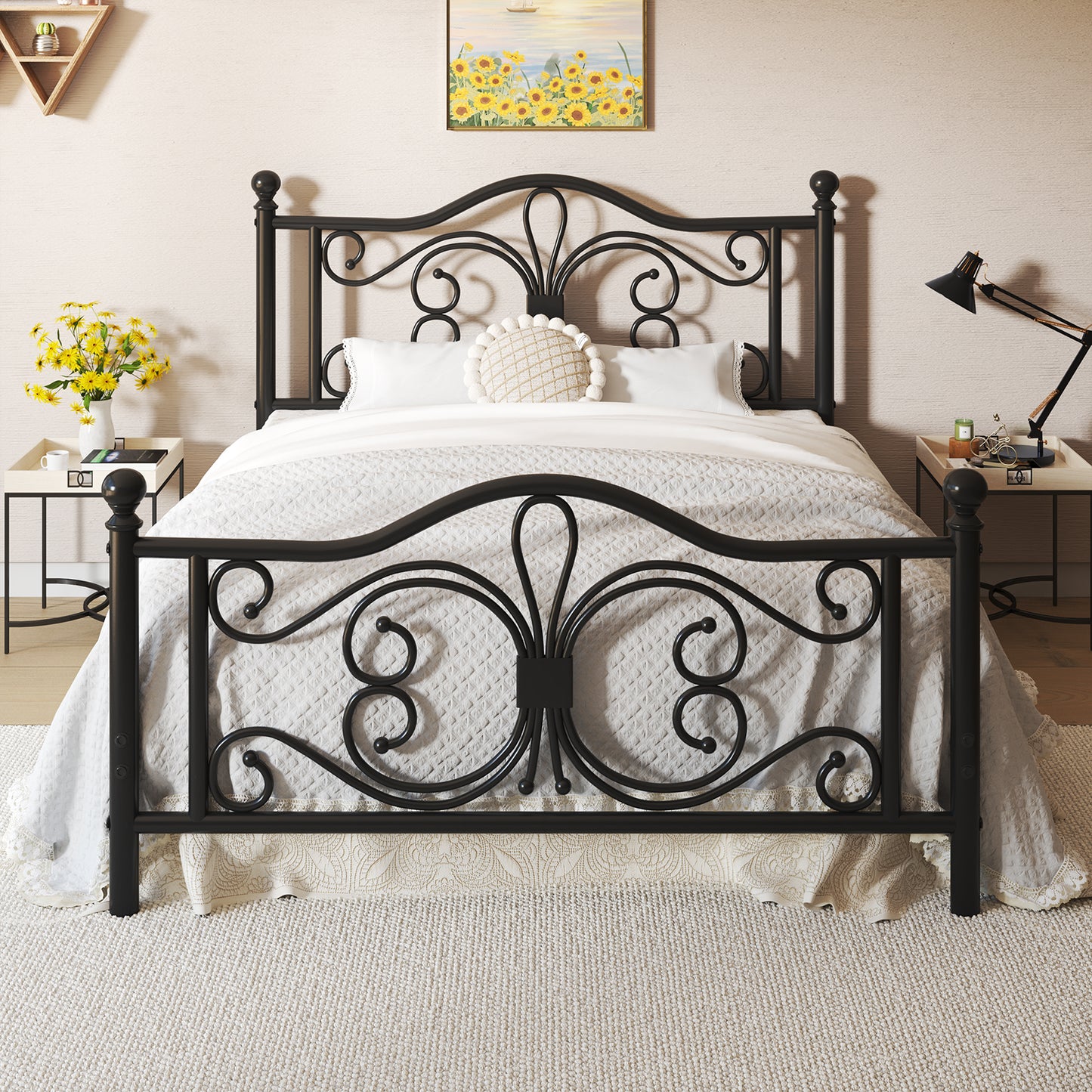 E-motie Metal Platform Bed Frame with Butterfly Pattern Vintage Headboard & Footboard, Underbed Storage