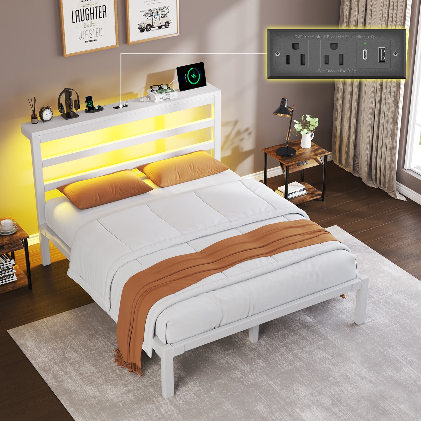 E-motie Metal Platform Bed Frame with Headboard, Under-Bed Storage