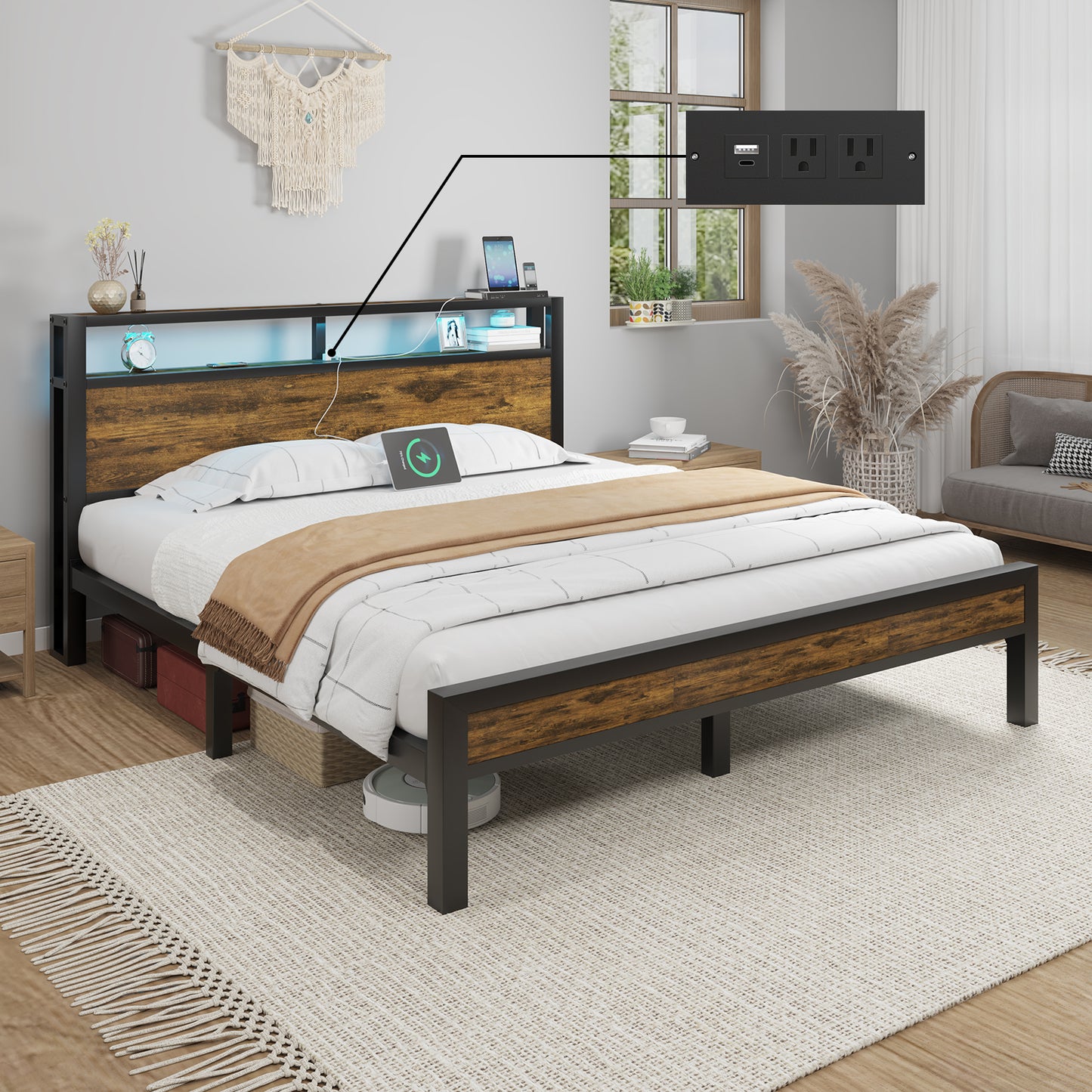 E-motie Bed Frame with Storage Headboard, Metal Platform Bed with LED Lights