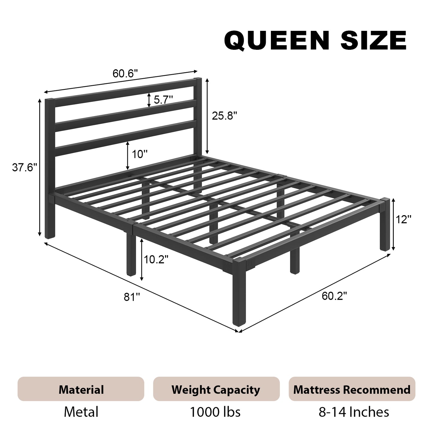 E-motie Metal Platform Bed Frame with Headboard, Under-Bed Storage