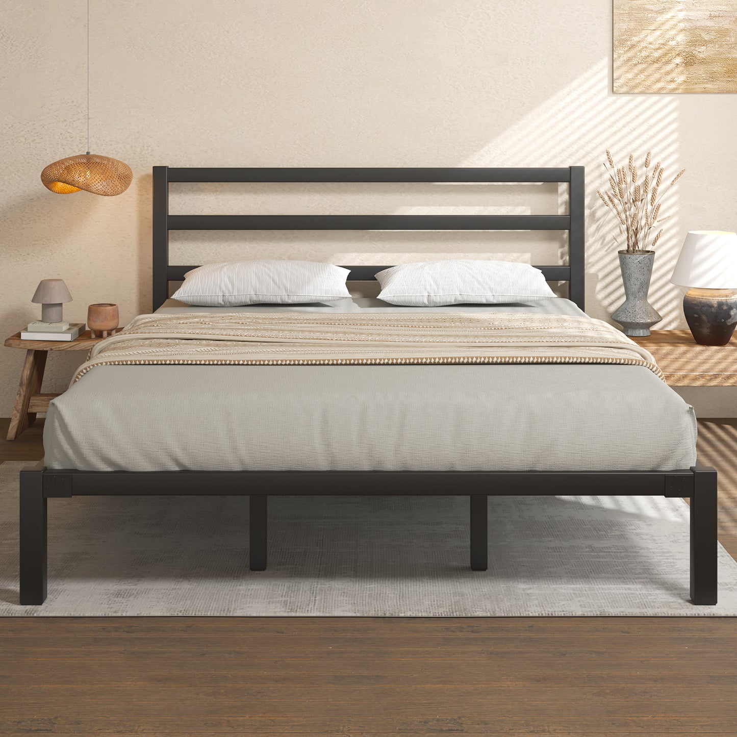 E-motie Metal Platform Bed Frame with Headboard, Under-Bed Storage