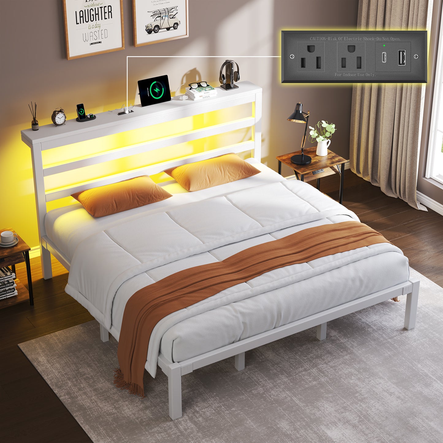 E-motie Metal Platform Bed Frame with Headboard, Under-Bed Storage